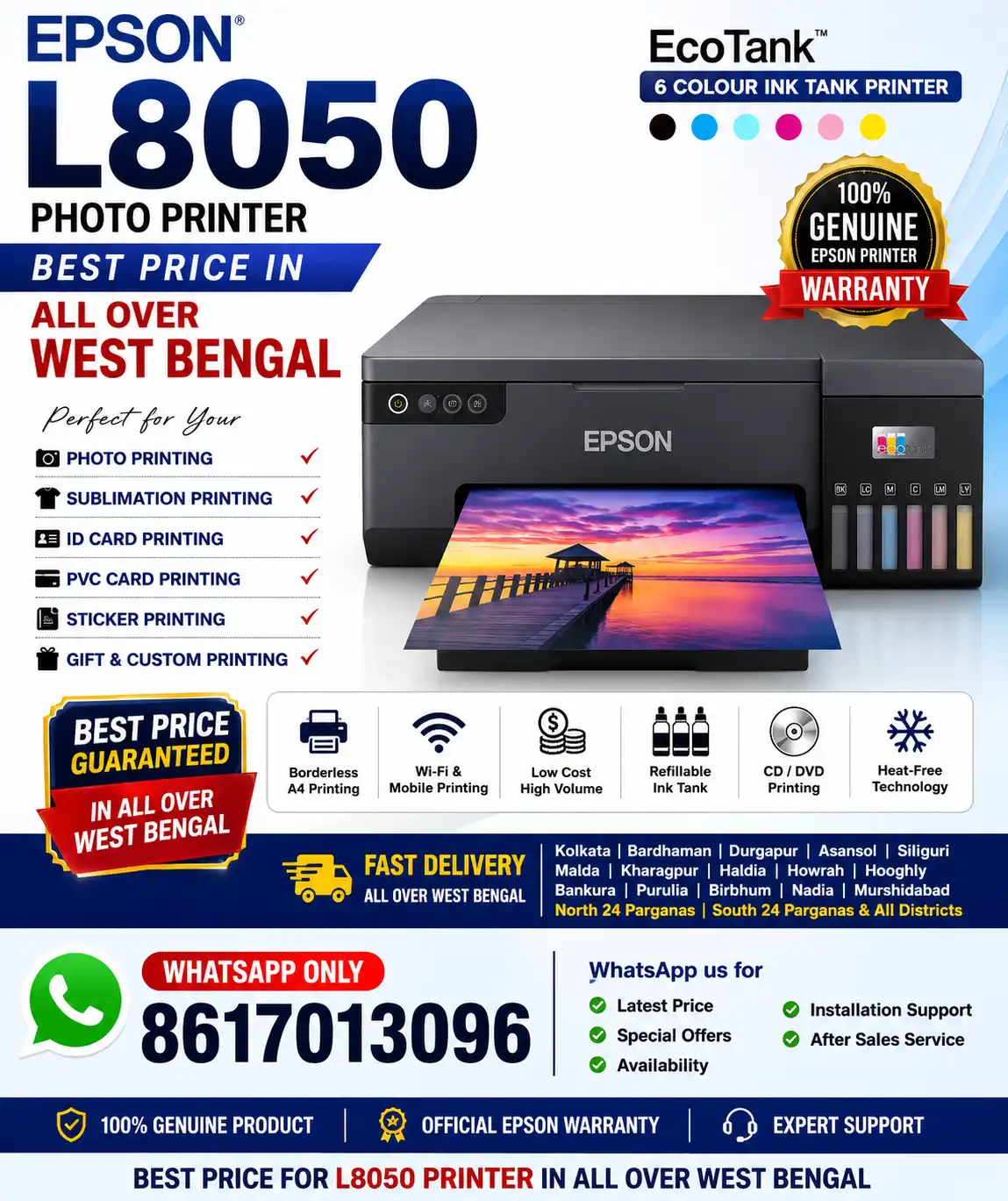 Epson L8050 EcoTank 6 Colour Photo Printer at Best Price in West Bengal – Genuine Epson Printer for Photo Printing, Sublimation Printing, PVC ID Card Printing, Sticker Printing, and Custom Gift Business | WhatsApp 8617013096