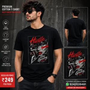 Hustle Printed Cotton T-Shirt | Premium Black T-Shirt | Reseller Price ₹249
