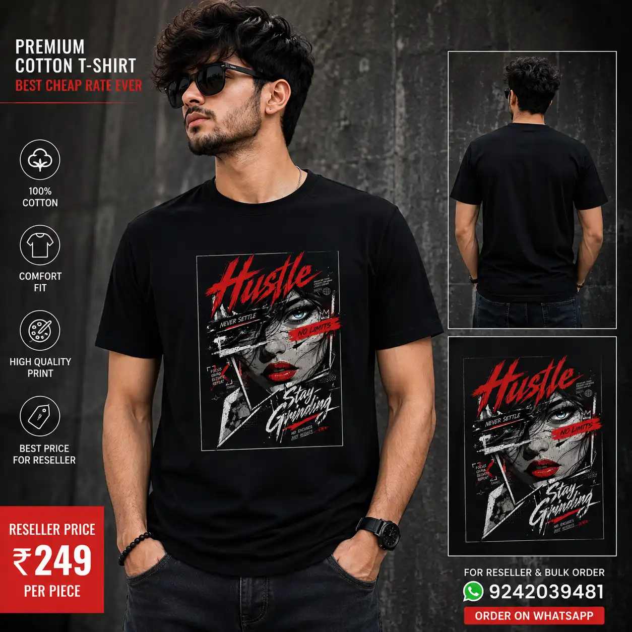 Hustle Printed Cotton T-Shirt | Premium Black T-Shirt | Reseller Price ₹249